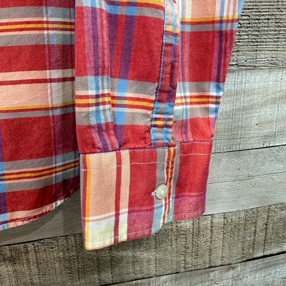 American Eagle Mens XXL Classic Fit Plaid Button Down Shirt Coral Blue Orange - Picture 3 of 7